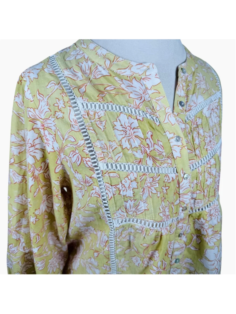 MAYE Paloma Shirt Havana Print Yellow Floral Cotton Pintuck Blouse Boho Size S